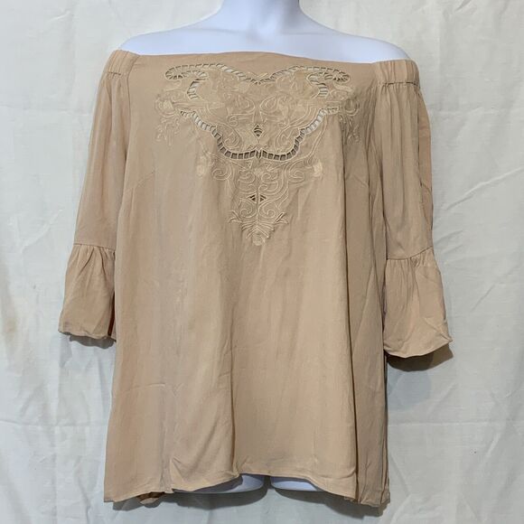 City Chic Nwt Ruffle Sleeves Off Shoulder Blouse XXL Beige Plus 2X - Picture 1 of 8